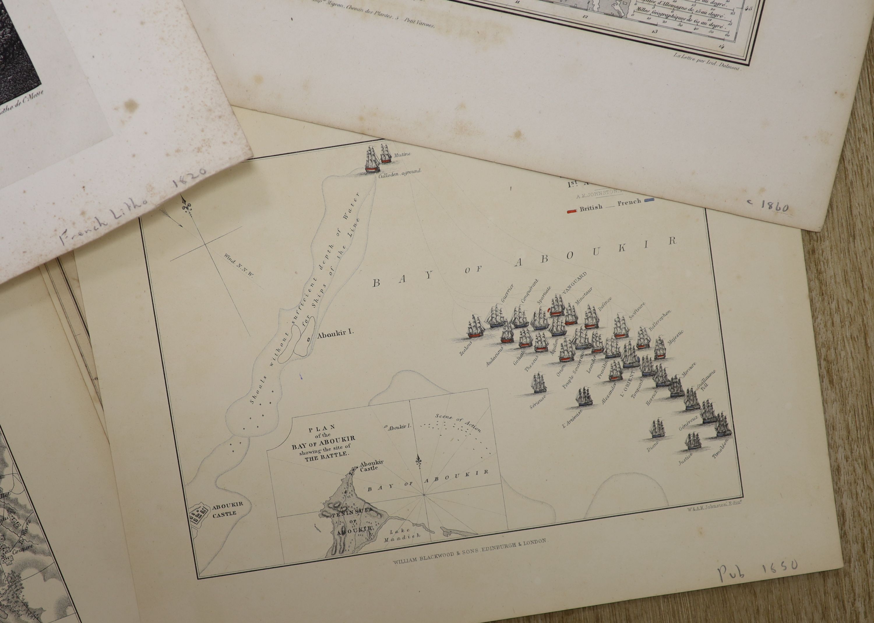 A group of assorted 19th century engravings, including topography and maps, largest 47 x 36cm, unframed